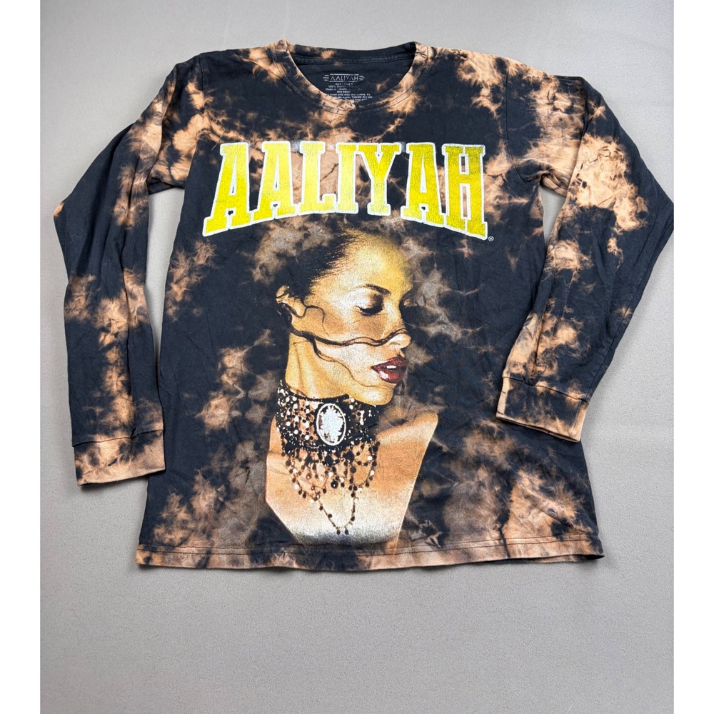 Aaliyah Graphic Long Sleeve Shirt Small Black Bleach Tie Dye R&B Hip Hop Tee